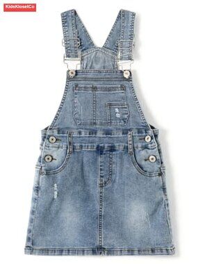 Toddler Girls Denim Overall Dress Ripped Stretch Cotton Blend